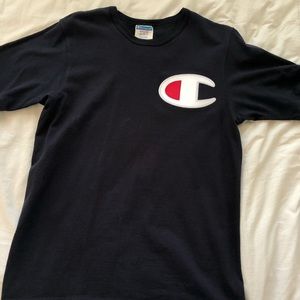 navy blue champion big logo tee shirt
